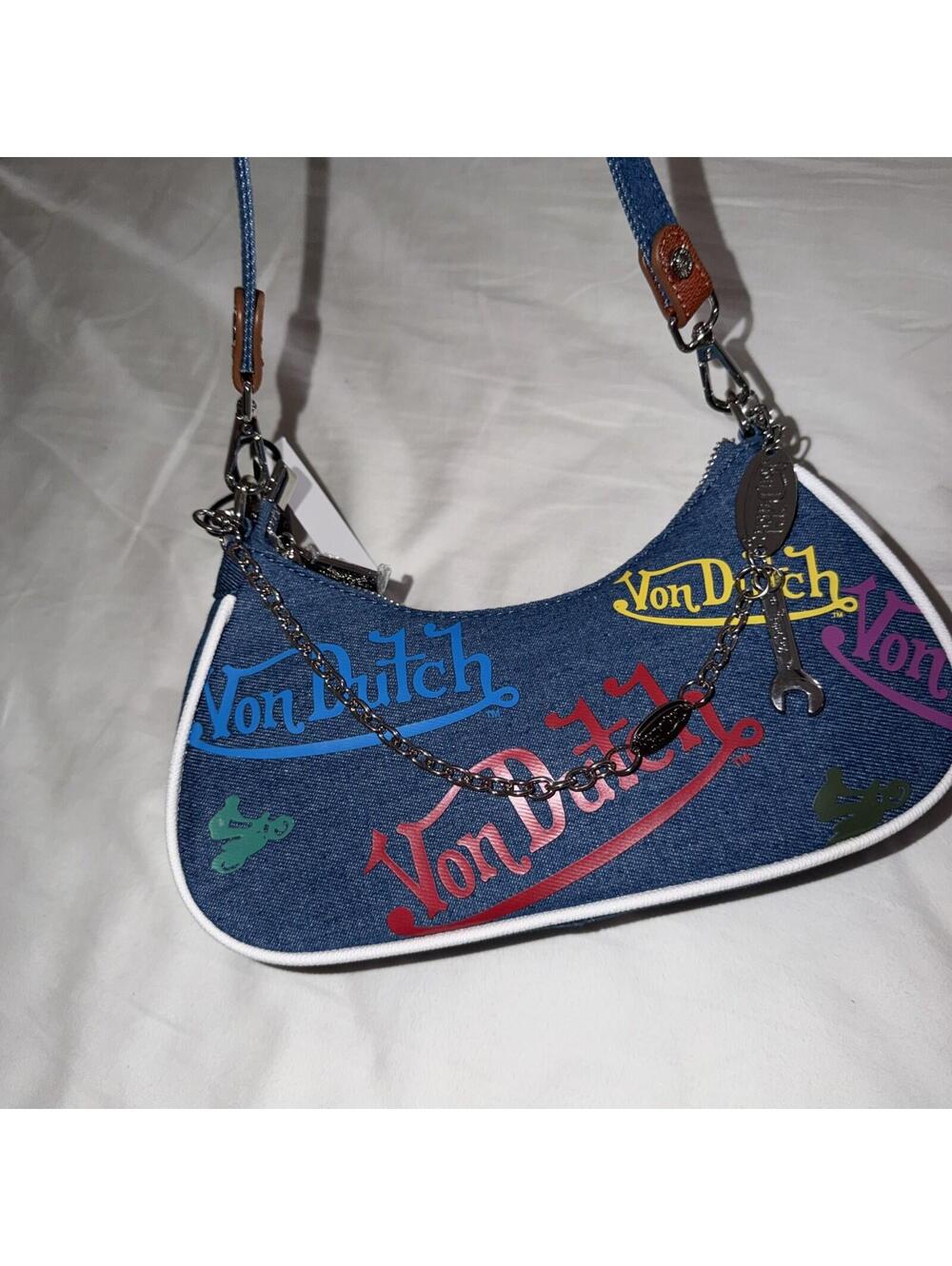NWT Von Dutch Shoulder Bag Denim One Size Chain Y2K Inspired Chic Streetwear